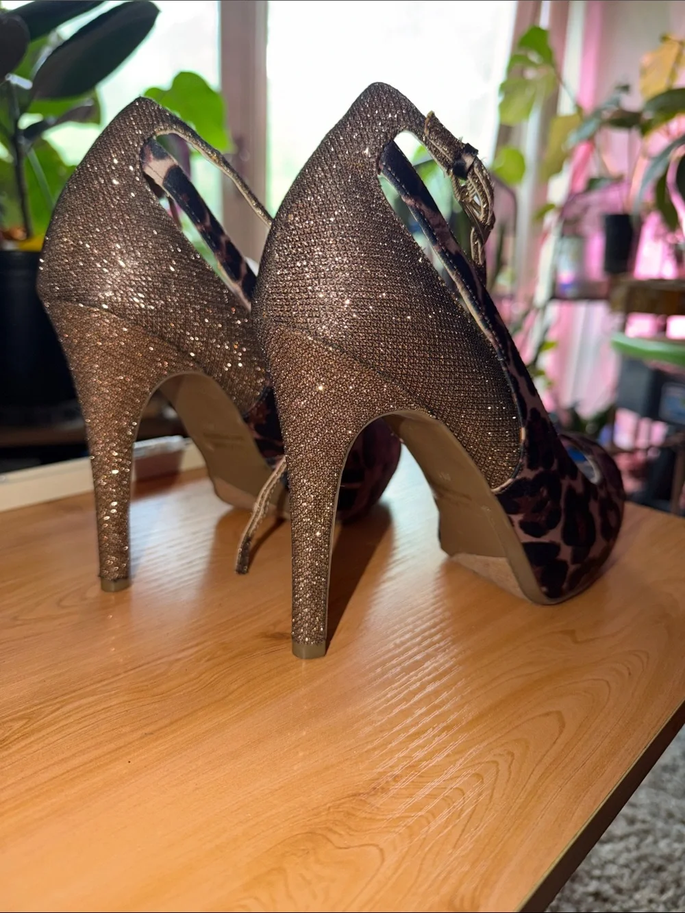 GUESS Leopard Print Peep-Toe Heels with Gold Glitter Accents
